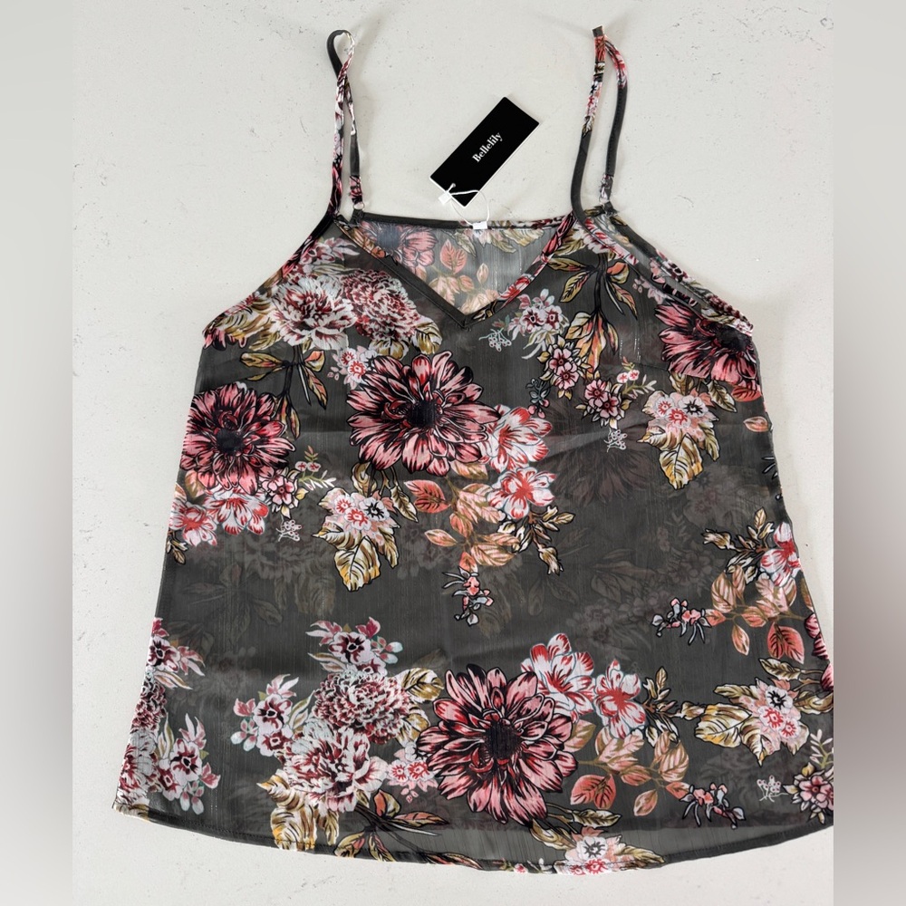Charcoal Floral V-Neck Spaghetti Strap Tank with Pink and Cream Flowers